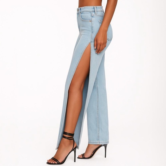 NWT Good American Blue Good Boy Straight Jeans Equestrian Side Slit - Picture 3 of 6